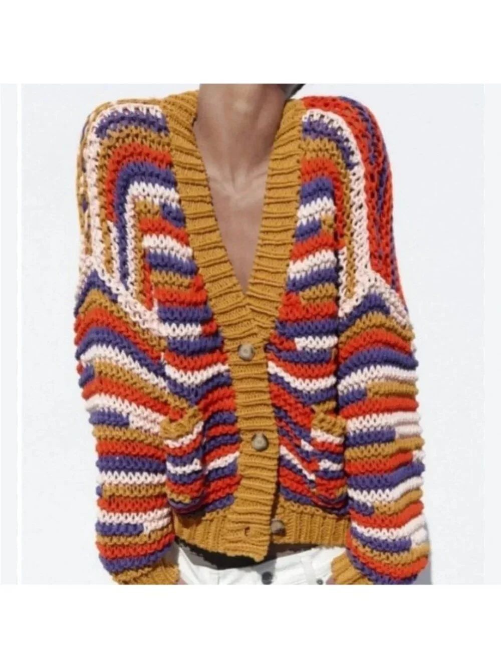 Zara Women Cropped Cardigan sweater S-M Multicolor V-Neck Chunky 2142/072 NWT